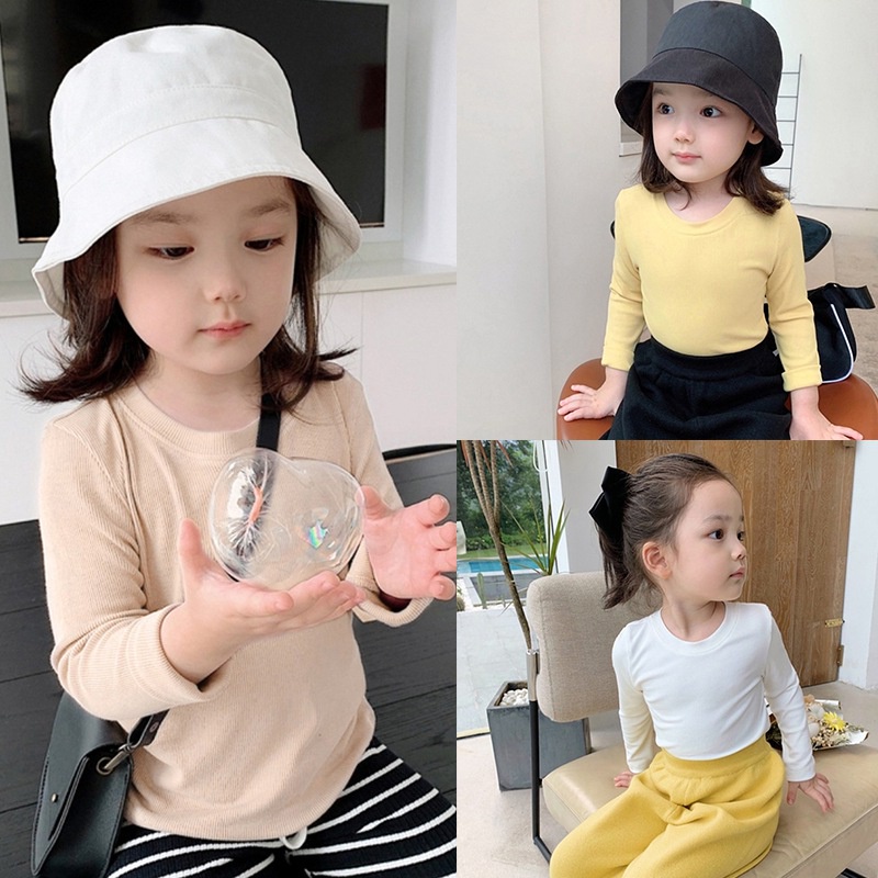 เสื้อเบลาส์ลําลอง แขนยาว คอกลม สีพื้น สําหรับเด็กผู้หญิง