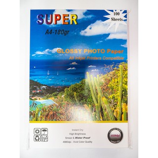 กระดาษโฟโต้ SUPER ผิวมัน ขนาด A4 100 แผ่น หนา 180 แกรม