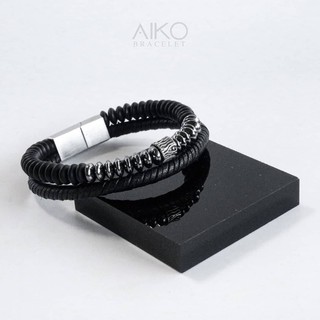 Look kid leather and stone กำไลหินมิกซ์หนัง (Hematite/ Matte Black Onyx)