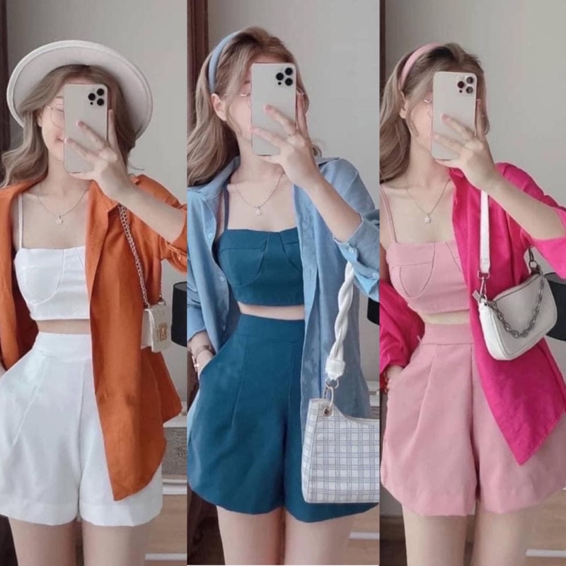 พร้อมส่ง ชุดเซตสายเดี่ยว ได้ทั้ง3ชิ้น ด้านในชุดสายเดี่ยวกางเกงขาสั้น