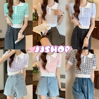 JJ Shop​💜​พร้อมส่ง เสื้อไหมพรมแขนสั้น คอปก ดีเทลลายหัวใจทั้งตัวสีพาสเทล "6A61"