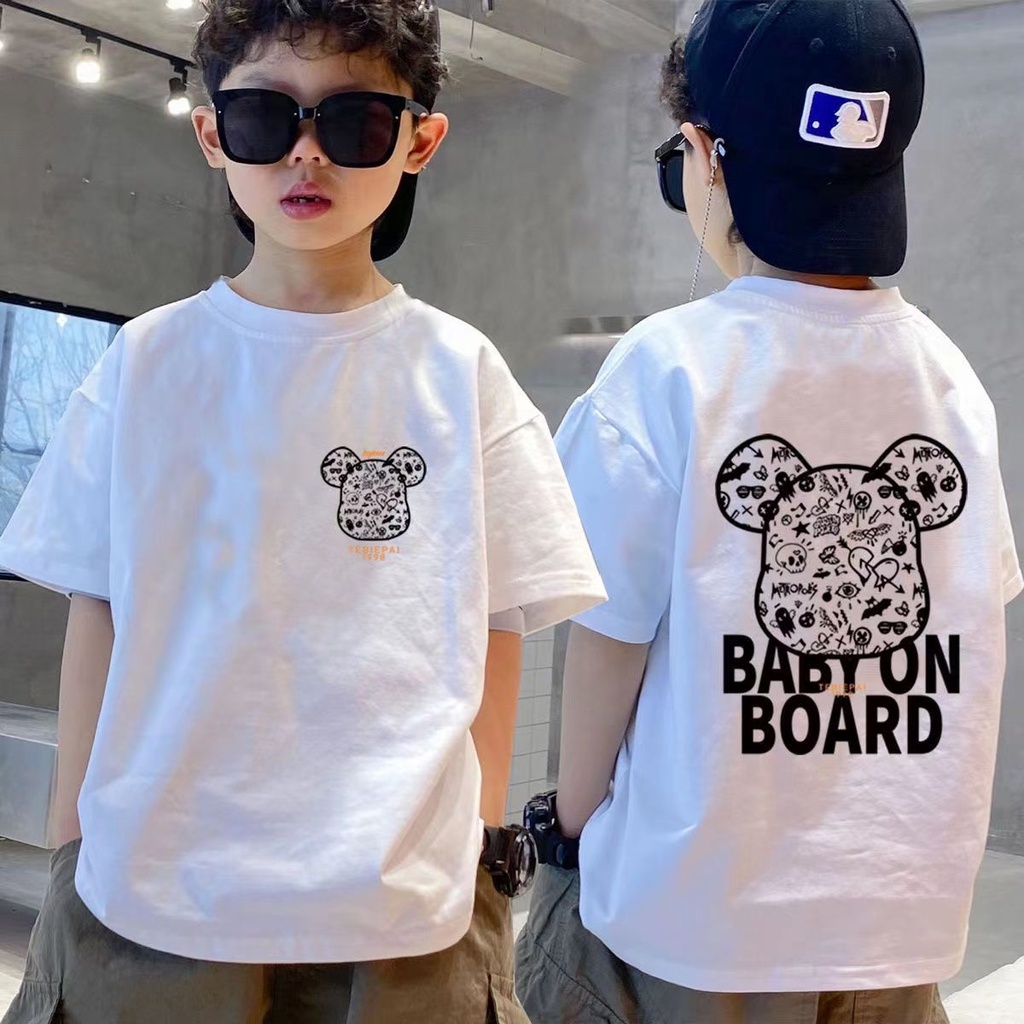 【พร้อมส่ง】เสื้อยืดแขนสั้น เนื้อผ้าฝ้าย ดูดซับเหงื่อได้ดี ลายหมี เข้ากับทุกการแต่งกาย สําหรับเด็กผู้ชาย อายุ 3-15 ปี