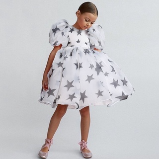 NNJXD Girls Puff Sleeve Princess Dresses Kids Birthday Party Star Print Formal Children Cloth