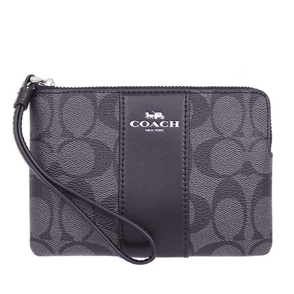 COACH กระเป๋า CORNER ZIP WRISTLET IN SIGNATURE COATED CANVAS WITH LEATHER STRIPE F58035 SVDK6 (SV/Bl