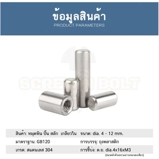 หมุดพิน ปิ๊น สลัก แกนเดือย สแตนเลส 304 เกลียวใน dia. 4 5 6 mm. / Internal Threaded Dowel Pins SUS304