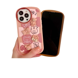 เคสโทรศัพท์มือถือแบบนิ่ม Tpu กันรอยเลนส์กล้อง ทรงวงรี ลายกระต่าย โคนี่ หมีบราวน์ โบ สีชมพู 3D สําหรับ Iphone 13 12 11 Pro Max X Xs Xr 8 7 Plus