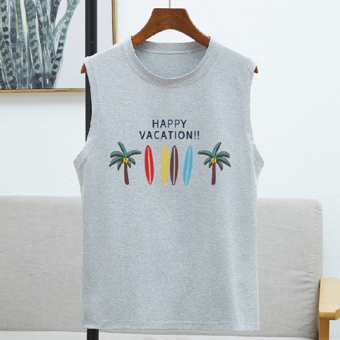 ใหม่ อินเทรนด์ที่สุด ลายต้นมะพร้าว คอกลม สบาย ๆ เสื้อแขนกุด 8สี S~3XL