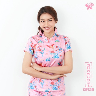 Woman Shanghai Dream Top - Silky Satin เสื้อแขนสั้นสไตล์ตรุษจีน ผ้าพิมพ์ลายหงส์ จากผ้าพรีเมี่ยมคอตตอน 100% ทอรูปแบบซาติน