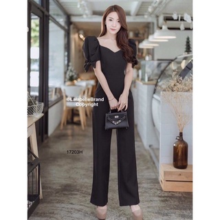 G17203 Jumpsuit จั้มสูทขายาวแขนตุ๊กตา แต่งโบว์ 2 ข้าง