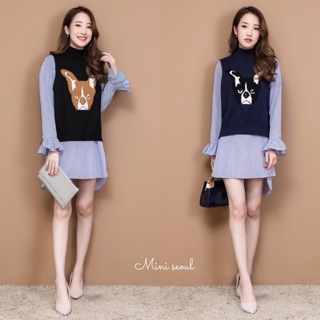 MN412🌹Bulldog Knit Top + Dress Set