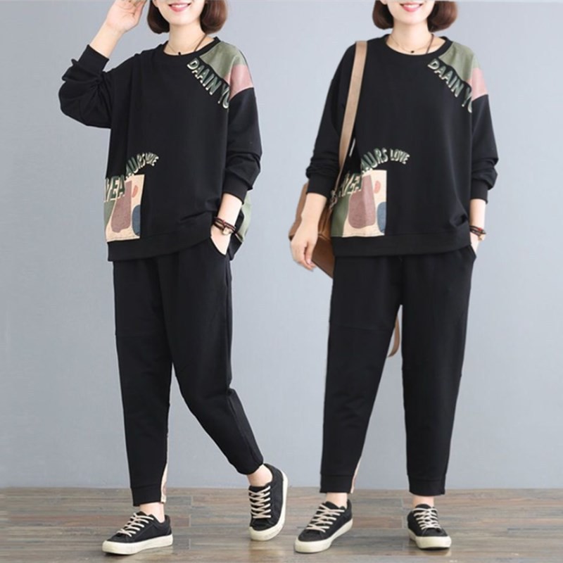 เซต2ชิ้น ชุดเสื้อผ้าแฟชั่น เสื้อยืดแขนยาว+กางเกง พิมพ์ลาย สไตส์เกาหลี