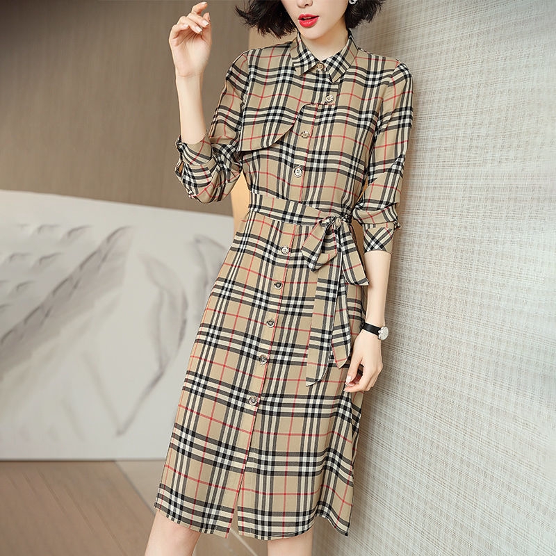 Womens Fashion OL  Plaid Burberry Long Sleeve Luxury Polo shirts Dress Midi Dress uSds