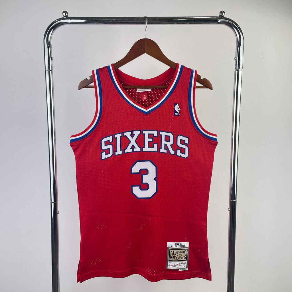 Hot Press Authentic Jersey Mens Philadelphia 76ers Allen Iverson Mitchell & Ness สีแดง 1996-97 ไม้เน