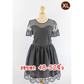 E2026-5-XL-เดรสคนอ้วน สีดำ ผ้าลูกไม้เชิง ชายกระโปรงเล่นเชิงผ้าลูกไม้ คอกลมซีทรู มีแขน