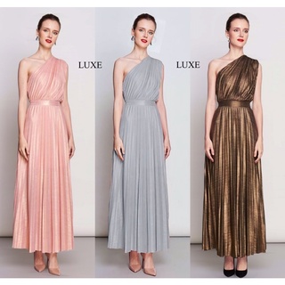 ♥️ M7 [ตรงปก] Maxi dress เดรสยาว ไหล่เดียว กระโปรงอัดพลีท สีทองเข้ม สีเทา สีชมพู ใส่ออกงาน ชุดราตรี LUXE