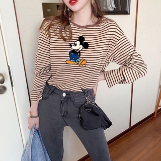 ♩เสื้อยืด ลายการ์ตูน♩เสื้อยืดแขนยาว คอกลม ทรงหลวม พิมพ์ลายมิกกี้เมาส์ เข้ากับทุกการแต่งกาย แฟชั่นฤดูใบไม้ผลิ และฤดูใบไม้ร่วง สไตล์เกาหลี สําหรับผู้หญิง 2022