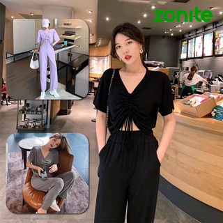 ชุดเซ็กเอวลอยเซ็กซี่เบาๆ ชุดเข้าเซ็ตงาน2 ชิ้น ชุดเซ็ตเสื้อดีเทลเชือกรูดอก+กางเกงขายาว