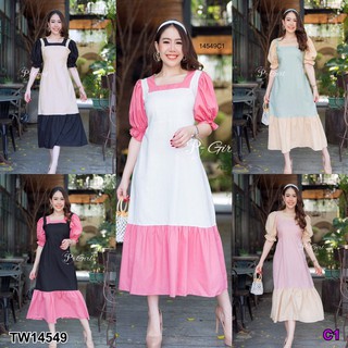SS14549 Dress เดรส คอเหลี่ยม แขนตุ๊กตา เย็บต่อผ้าสลับ ลายดอก
