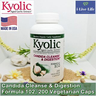 กระเทียมสกัด Aged Garlic Extract Candida Cleanse &amp; Digestion Formula 102, 200 Vegetarian Caps - Kyolic