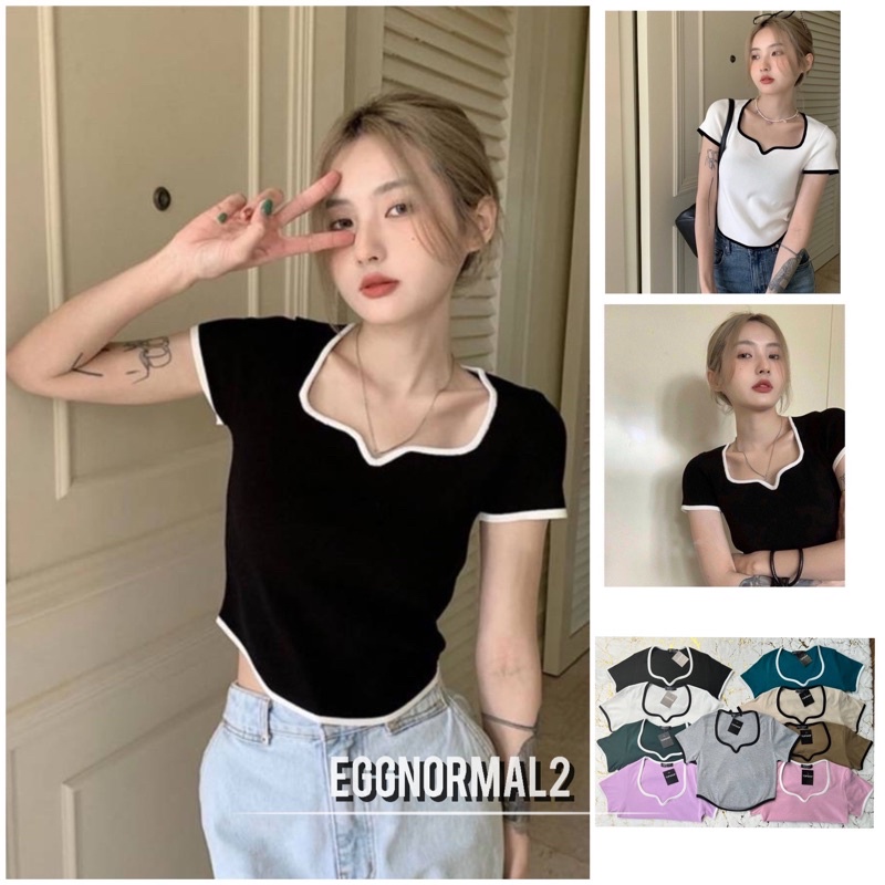 TOPSHOP T80 เสื้อคร๊อบแขนสั้นแต่งขอบ