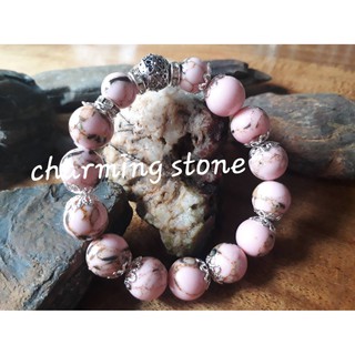 สร้อยข้อมือหินสี หินมงคล หินเทอร์ควอยซ์ (Pink Shell Turquoise) +ลูกปัดลายดอกไม้โบราณ หิน ขนาด  10 mm กำไลเสริมบารมี แค