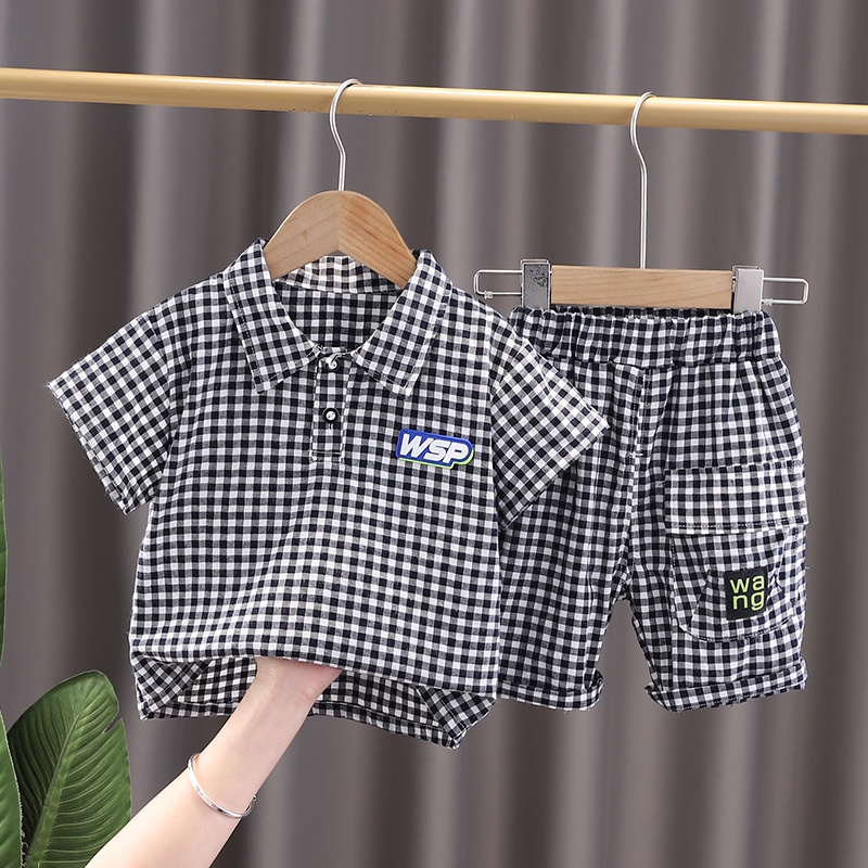 เสื้อยืดแขนสั้น กางเกงขาสั้น ลายสก๊อต แฟชั่นสําหรับเด็กผู้ชาย อายุ 0-6 ปี 2 ชิ้น