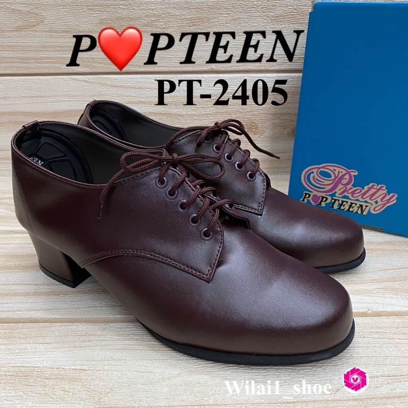 POPTEEN  PT 2405 รองเท้าผู้กำกับลูกเสือ(35-42)ส้นสูง 2 นิ้ว สีน้ำตาล