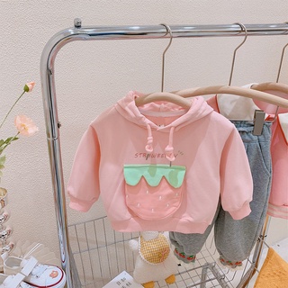 [Babycat] พร้อมส่ง เสื้อกันหนาวแขนยาว มีฮู้ด แบบสวมหัว ลายสตรอเบอร์รี่น่ารัก สไตล์เกาหลี ญี่ปุ่น ฤดูใบไม้ร่วง สําหรับเด็กผู้หญิง 2022