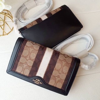 (ผ่อน0%) กระเป๋าสะพายข้าง COACH C5884 ANNA FOLDOVER CLUTCH CROSSBODY IN SIGNATURE JACQUARD WITH STRIPE ลายซี สีน้ำตาล