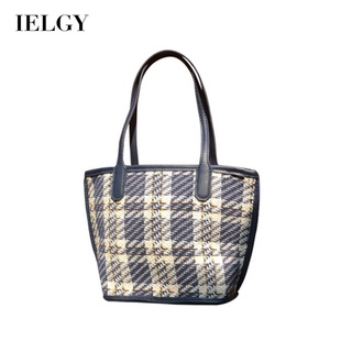 IELGY womens blue plaid bucket woolen handbag