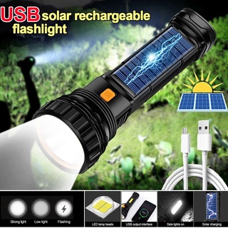 Usb/Solar Rechargeable Flashlight Strong Light Highlight Tactical Flashlights Portable Outdoor Torch Lighting LED Camping Light