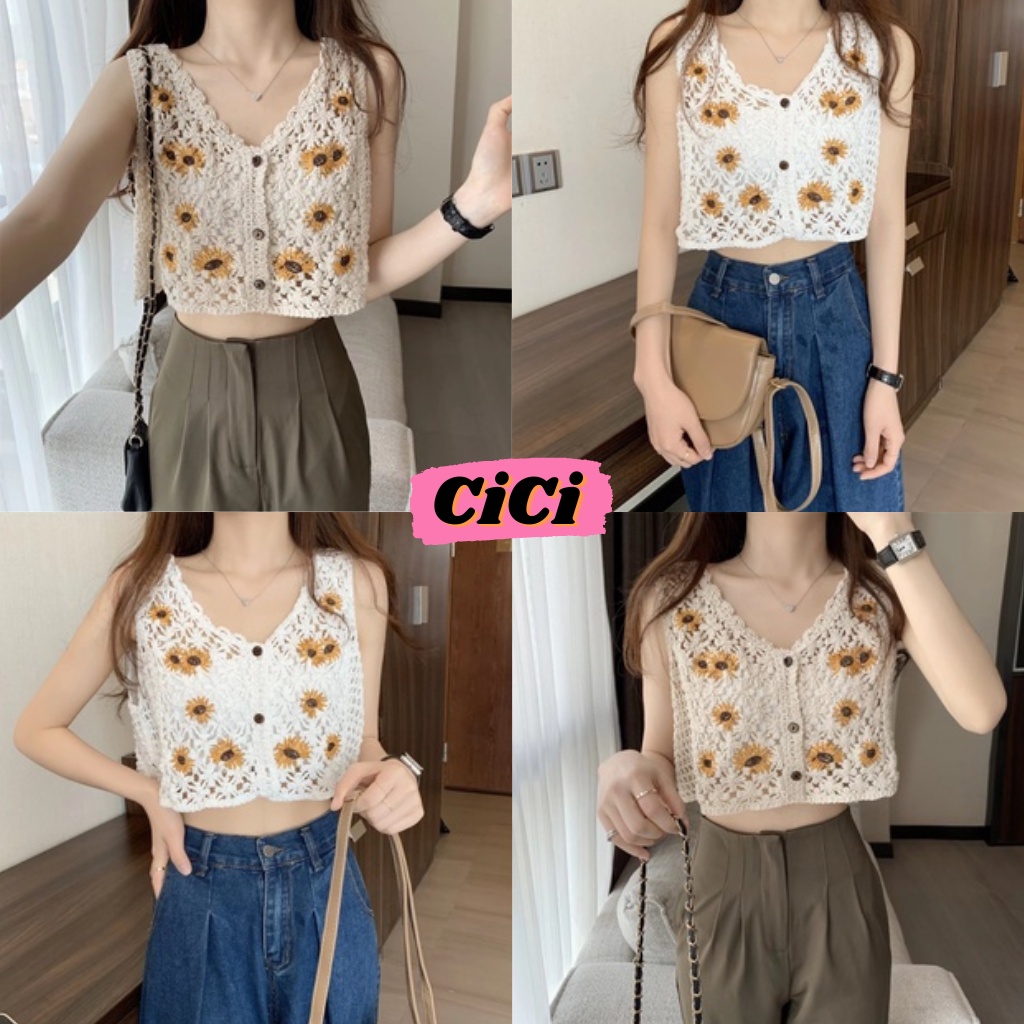 ส่งทันที Cici(NO. Q35) Crochet Top เสื้อครอปถัก โครเชต์ลายทานตะวัน คิ้วท์ๆสไตล์เกาหลี