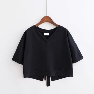 เสื้อครอปท็อปแขนสั้น คอวี แบบเย็บติดกัน สีพื้น สําหรับผู้หญิง