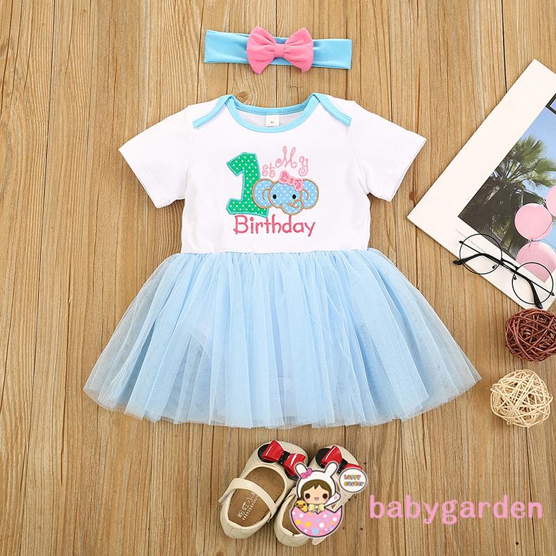 Babygarden- ชุดรอมเปอร์แขนสั้นพิมพ์ลายตัวอักษร/ช้าง+ที่คาดผมสําหรับเด็กผู้หญิง
