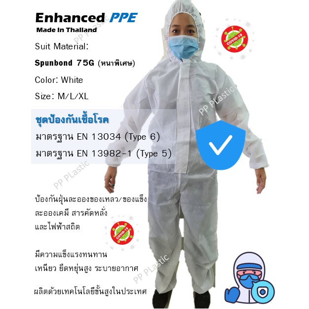 💙💚 ชุด PPE 75G หนาพิเศษ ป้องกันเชื้อโรค เคมี ฝุ่นละออง ตามมาตราฐาน🏥