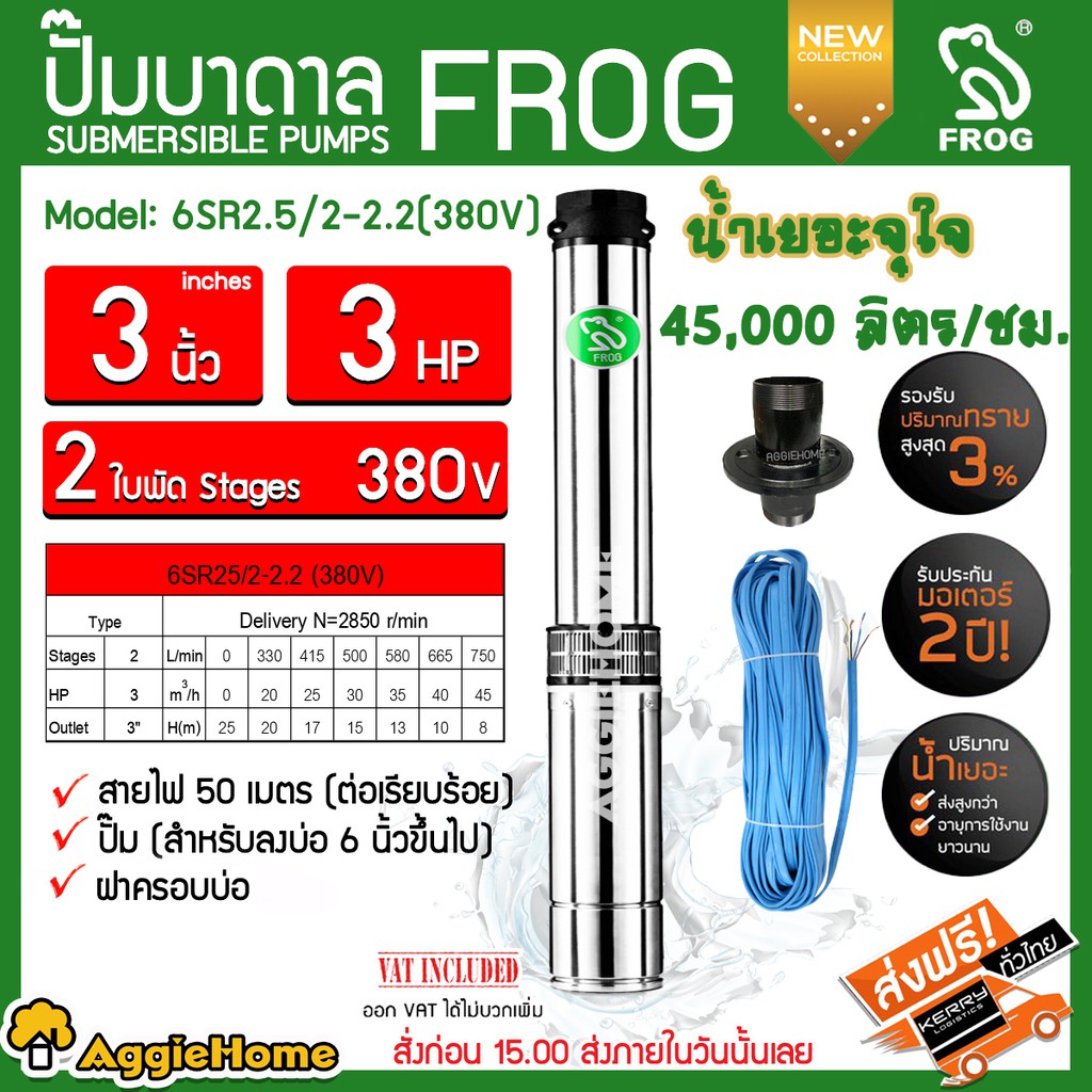 FROG ปั๊มบาดาล 3นิ้ว 3HP 2ใบพัด (380V.) รุ่น 6SR2.5/2-2.2 (สำหรับลงบ่อ 6 นิ้วขึ้นไป) + ฝาบ่อ 3 นิ้ว รุ่นต่อตรง บาดาล