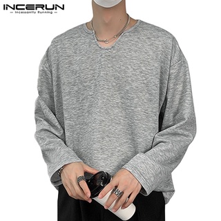 Incerun เสื้อยืดลําลอง แขนยาว คอวี สีพื้น แฟชั่นสําหรับผู้ชาย 3 สี