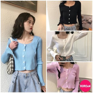 🎀Korean Fashion🎀เสื้อครอปไหมพรมคอเหลี่ยม มีกระดุมหน้า แขนยาว มี 4 สี