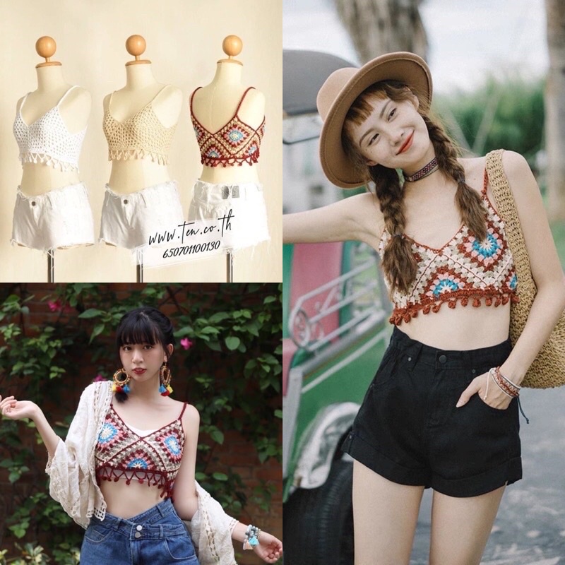 เสื้อสายเดี่ยวโบฮีเมียน สายเดี่ยวถักไหมพรม เสื้อถักไหมพรม