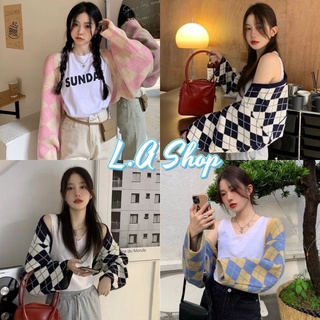 L.A Shop ​​พร้อมส่ง​ ​เสื้อคลุมไหมพรม ลายตารางหมากรุก เสื้อคลุมครึ่งตัว (85039)