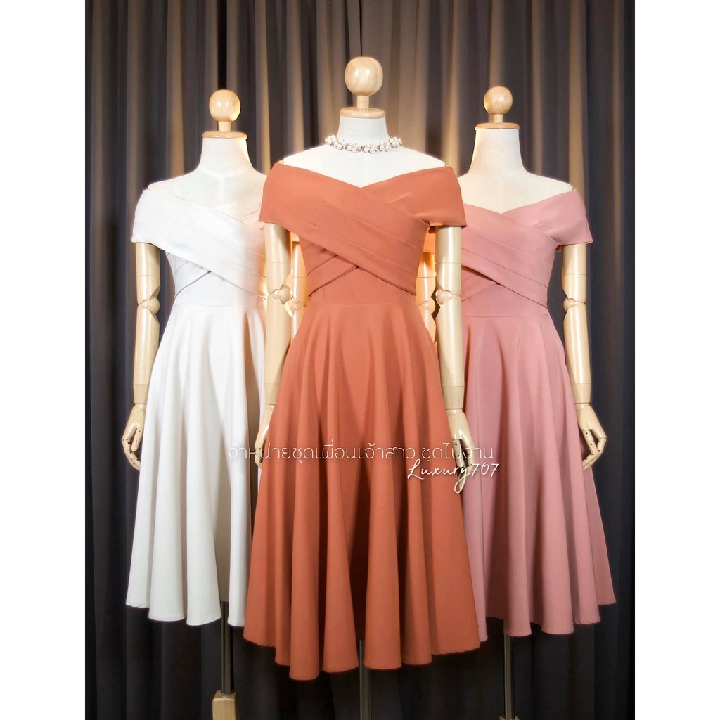 LX0022-5  Dressสั้นเปิดบ่า พรางแขน-สะโพก ผ้าเครปทิ้งตัว หนานุ่มใส่สบาย  ทำงาน ออกงาน [LUXURY707]