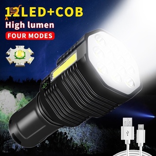 ไฟฉายไฟฟ้า LED 12 ดวง สว่างมาก ชาร์จ USB ทรงกลม ปรับได้ 4 โหมด พร้อมไฟด้านข้าง COB กันน้ํา สําหรับกลางแจ้ง