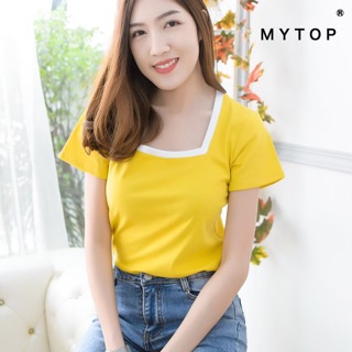 🎉🌸🏄‍♀️มาแล้วจ้า งานป้ายMY TOP เสื้อยืดคอเหลี่ยมแต่งขอบสีที่คอ ผ้าคัตตอนเนื้อดี นิ่มใส่สบาย