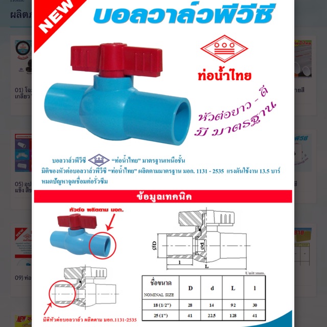 บอลวาล์ว PVC ท่อน้ำไทย 1/2  หรือ 1 นิ้ว พีวีซี ประตูน้ำพีวีซี ของแท้จากโรงงานท่อน้ำไทย