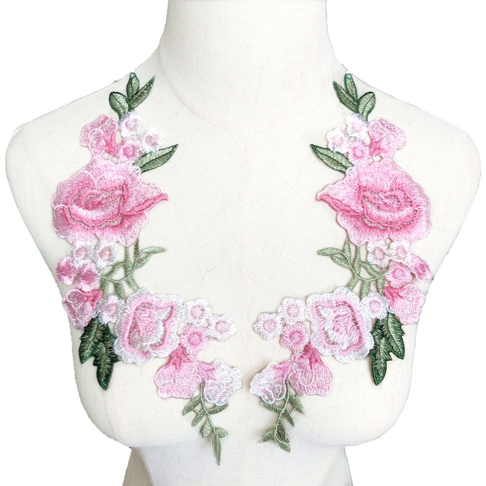 เย็บปักถักร้อยสีชมพู Rose ดอกไม้ลูกไม้ Applique เย็บผ้างานแต่งงานชุดเจ้าสาว DIY Craft