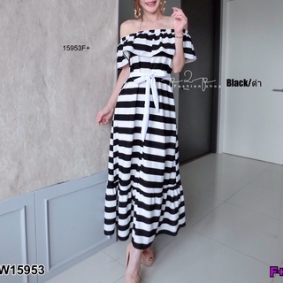 TW15953 Maxi Dress แม็กซี่เดรสปาดไหล่ระบาย ลายริ้ว ผ้าบลูเวฟ แขนกุด กระโปรงระบายรอบ + สายผูกเอว เก็บทรงชุด