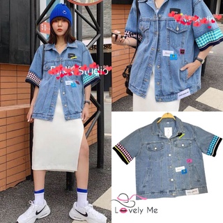 เสื้อเชิ้ตยีนส์แท้แบบแขนสั้นขอบแขนต่อผ้ายืดลายตารางแต่งโลโก้น่ารักๆมีกระเป๋าล้วง2ข้างงานยีนส์ฟอกสีสวยมากค่ะ