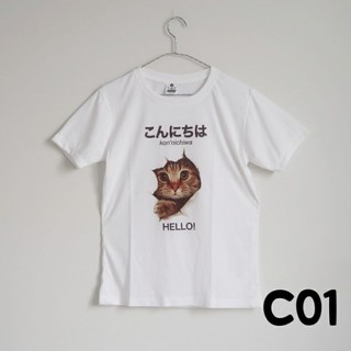 C01 เสื้อยืด เสื้อทีม เสื้อครอบครัว ลายแมว ภาษญี่ปุ่น การ์ตูน ผ้านุ่ม tshirt cat konnichiwa screen cute gift souvenir