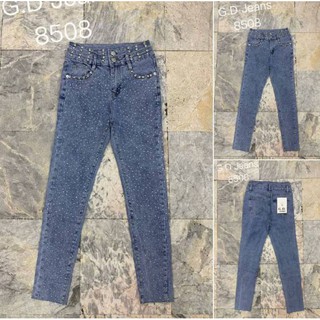 G.D.Jeans รุ่น 8508#กางเกงยีนส์ขายาวผ้ายืดเอวสูงทรงเดฟสียีนส์แต่งลายเพชรแบบเก๋ๆ