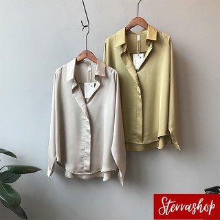 Sterrashop - Souffle satin shirt เสื้อเชิ้ตผ้าซาติน แขนยาว แบบสวมคอS